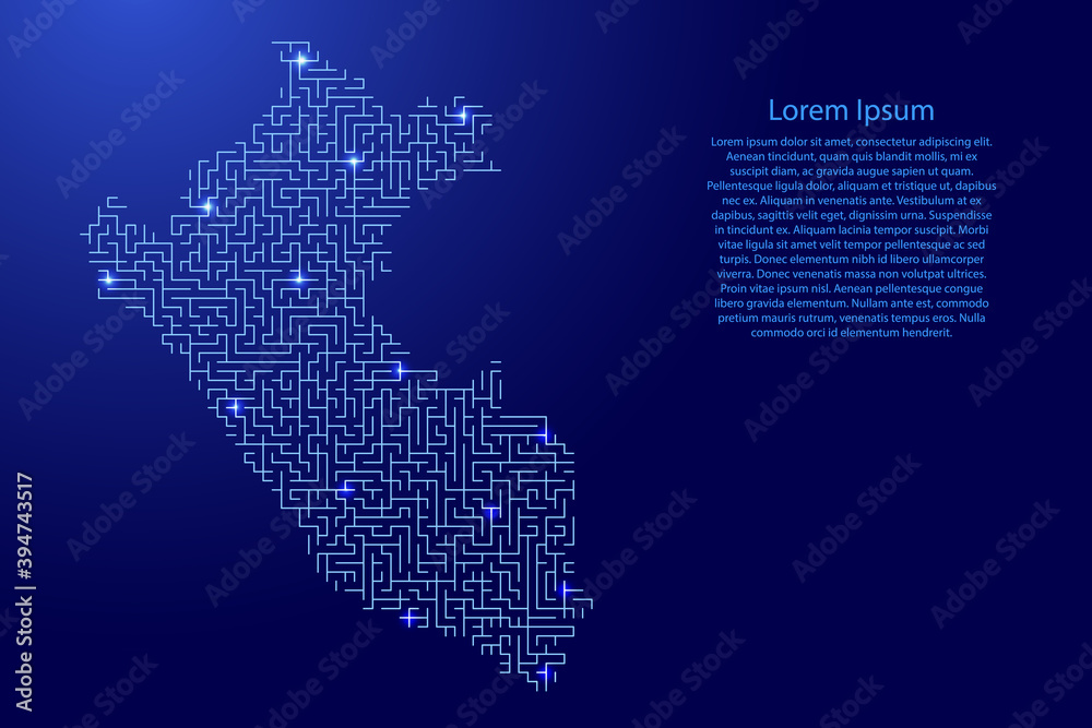Peru map from blue pattern of the maze grid and glowing space stars grid. Vector illustration.
