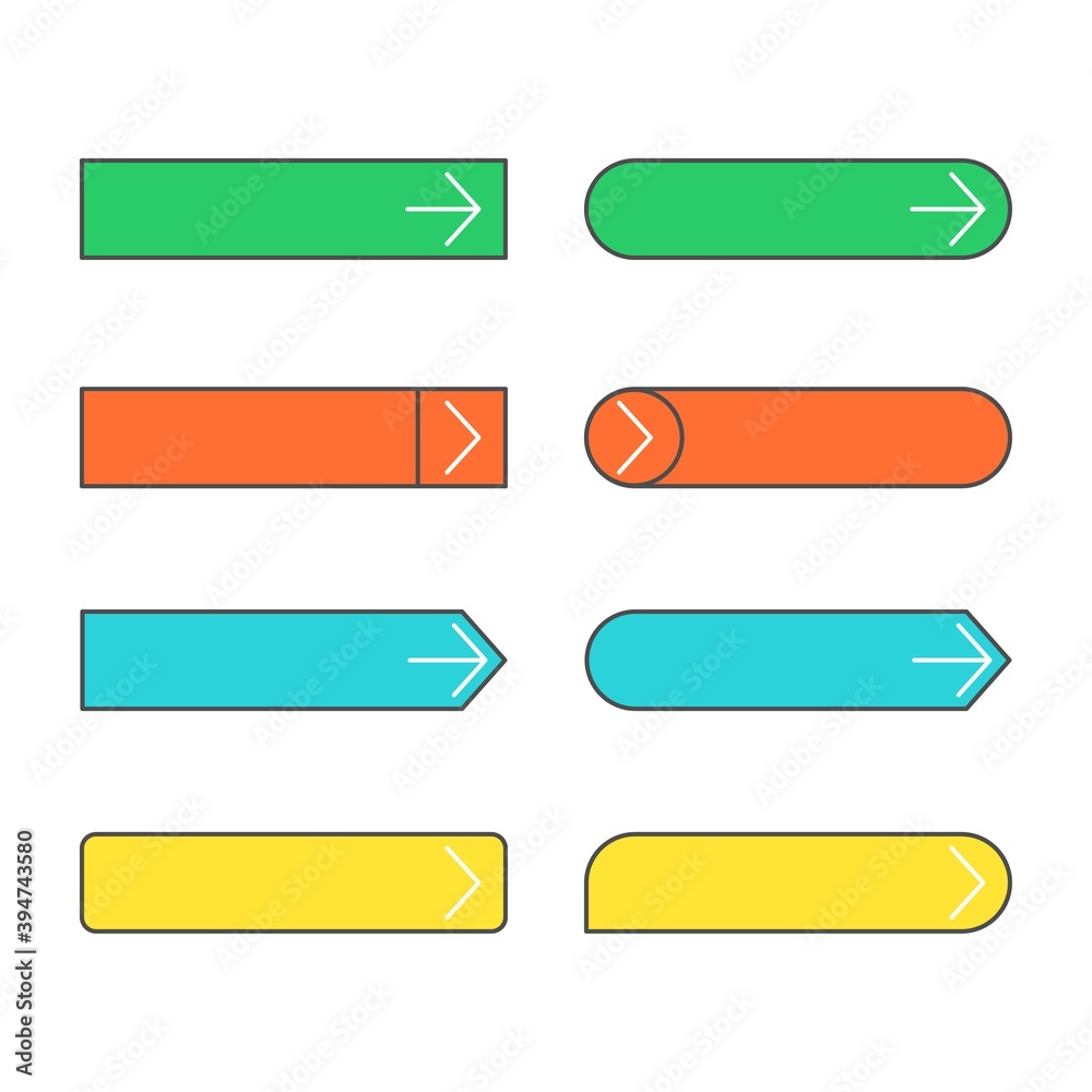 Set of colorful web buttons with different empty square and white arrows. Template minimalistic design for web or mobile apps. Set of colorful web buttons with different empty square and white arrows. Template minimalistic design for web or mobile apps.