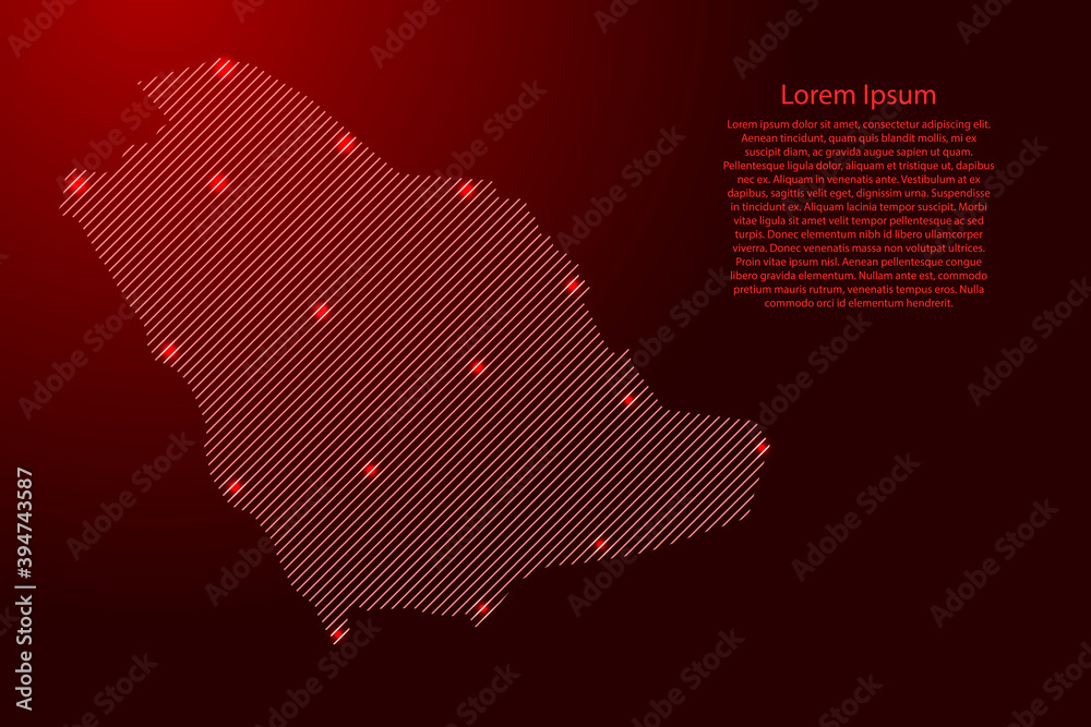 Saudi Arabia map from red pattern slanted parallel lines and glowing space stars grid. Vector illustration.