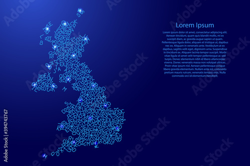 United Kingdom map from blue pattern latin alphabet scattered letters and glowing space stars grid. Vector illustration.