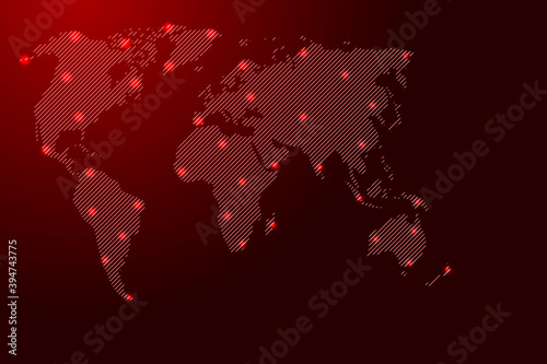 World map from red pattern slanted parallel lines and glowing space stars grid. Vector illustration.