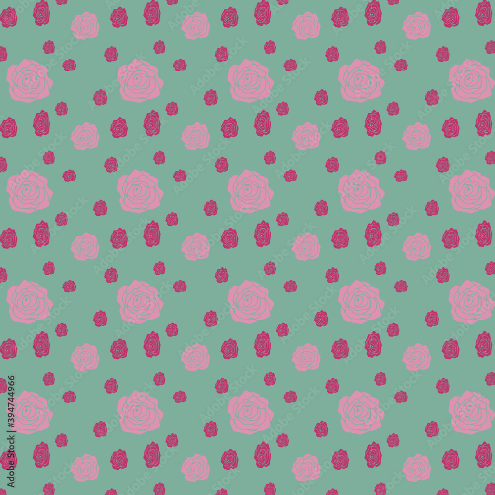 Pink rose pattern with light pink and magenta floral print on a sage green background in 12x12 design elements. Pink rose pattern with light pink and magenta floral print on a sage green background in 12x12 design elements.