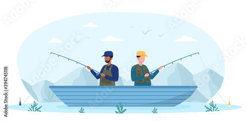 Fishermen catching fish on small boat. Concept of peacefully spending time in the mountains and resting mind. Flat vector illustration