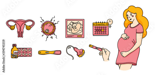 Pregnancy set in Doodle style with woman. Vector illustration hand drawing