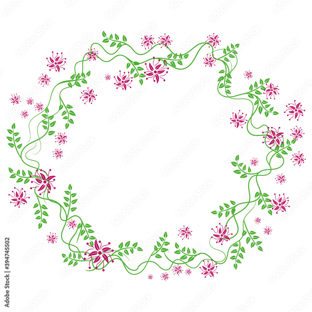 round frame of green branches and leaves with openwork lilac flowers round frame of green branches and leaves with openwork lilac flowers