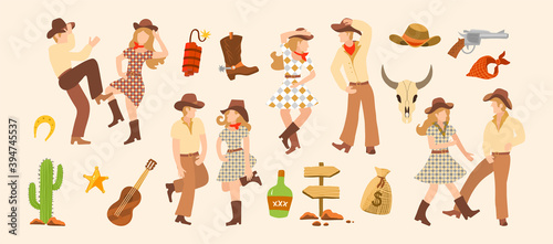 Vector illustration set of m cowboy and cowgirls dancing. Western clip art for creating a cover design for a country music album. People dance and have fun
