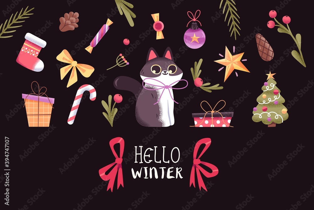 Fototapeta premium Christmas or New Year Card With Cute Christmas Characters And Objects.