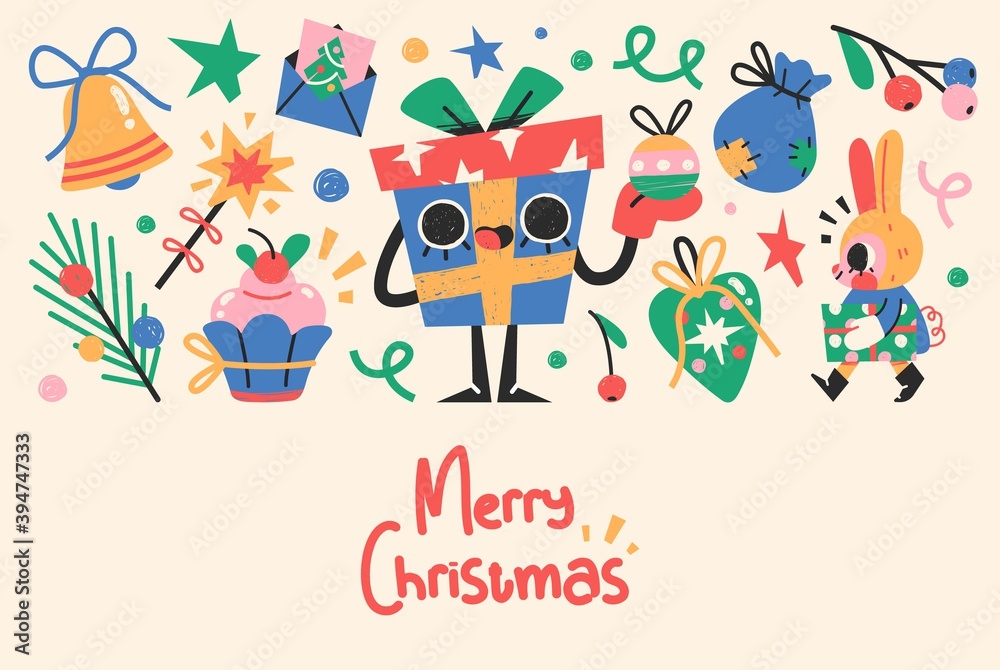 Fototapeta premium Christmas or New Year Card With Cute Christmas Characters And Objects.