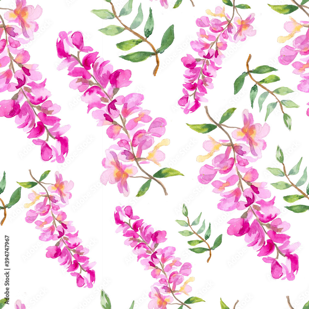 Watercolor illustration. Seamless pattern of pink blooming wisteria on a white background with green leaves on a branch. Natural watercolor seamless design for background, print, etc.
