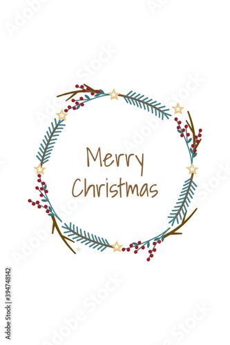 Christmas wreath with fir branches, red berries, stars in pastel colors. And the words Merry Christmas. Vector illustration, postcard, banner, poster.