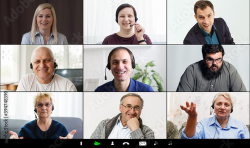 Webcam laptop screen view many faces of diverse people involved in group videoconference on-line meeting lead, team using video call app work solve common issues concept photo