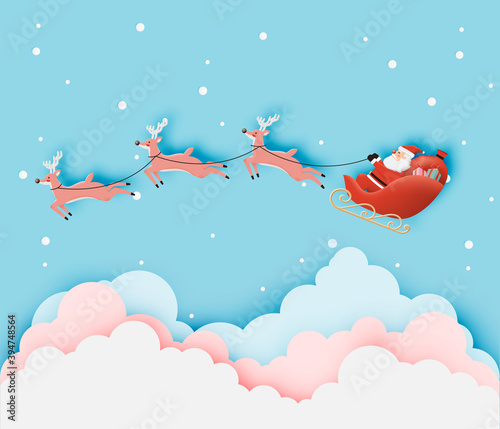 Santa claus on the sleigh with beautiful sky in paper art and pastel schenme