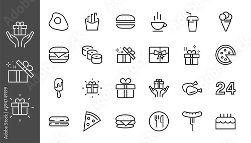 A simple set of fast food icons related to the vector line. Contains icons such as pizza, burger, sushi, bike, scrambled eggs and more. EDITABLE stroke. EPS 10