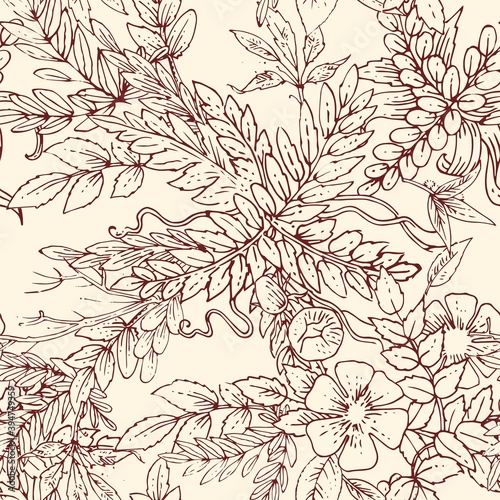 Floral ornament. Plexus of branches and leaves of trees, shrubs and herbs. Decorative and wild flowers. Seamless. Beautiful summer, spring composition. Vector illustration.