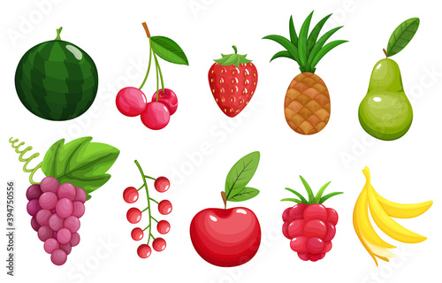Set of colorful fruit icons apple, pear, strawberry, raspberry, banana, watermelon, pineapple, grapes, cherry, red currants. Berries and fruits. Healthy lifestyle or vegetarian food concept