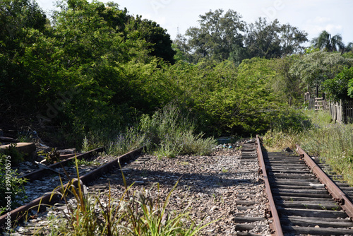 Old and abandoned railway and rails with rusty wooden sleepers in Brazil