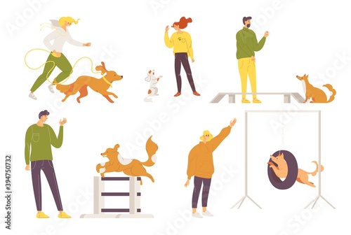 Vector collection with dogs and owners training. Various agility play equipment, happy pets and people with bones for motivation