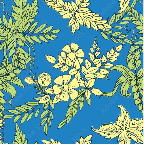 Floral ornament. Plexus of branches and leaves of trees, shrubs and herbs. Decorative and wild flowers. Seamless. Beautiful summer, spring composition. Vector illustration.