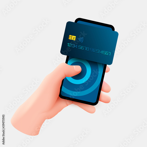 Mobile banking app and e-payment. Hand with smartphone and pay by credit card via electronic wallet wirelessly on phone. Online banking. Shopping by phone and connected card.