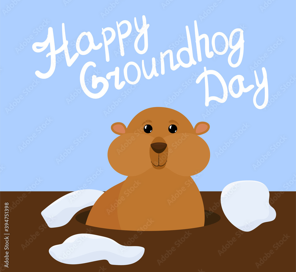 Groundhog Day vector cartoon background with cute marmot and letters on blue sky. Traditional holiday character