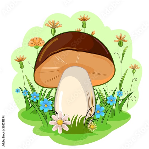 Brown mushroom on the background of a blooming meadow. Wildflowers and grass. Vector isolated on white. Cartoon flat style. Beautiful little forest mushroom. Scenery. Landscape.