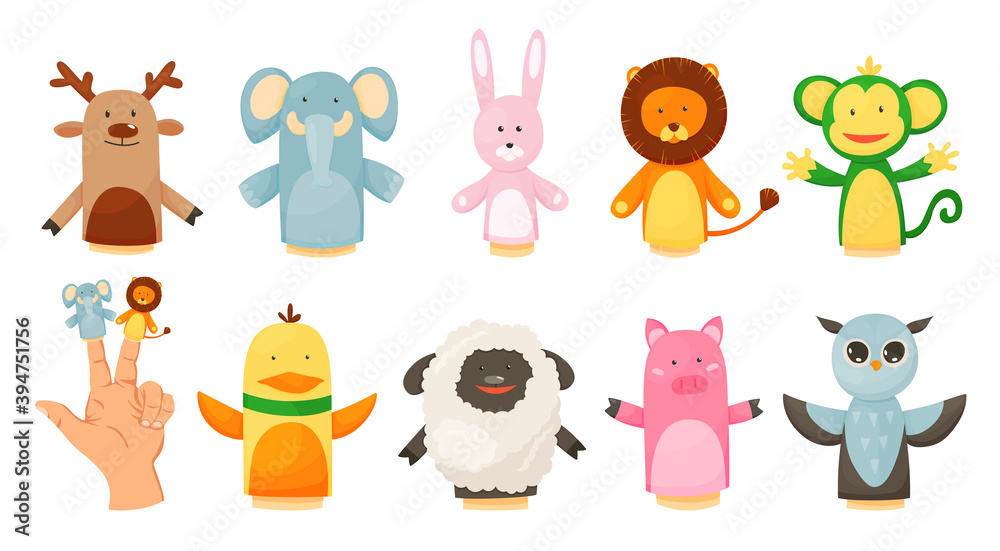 Obraz premium Hands or finger puppets play dolls collection. Cartoon color toys for children theater, kids games. Vector cute and funny animal character, isolated icon on white background