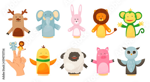 Fototapeta Naklejka Na Ścianę i Meble -  Hands or finger puppets play dolls collection. Cartoon color toys for children theater, kids games. Vector cute and funny animal character, isolated icon on white background