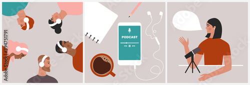 Podcast concept. Set of illustrations about podcasting. People listening to audio in headphones, podcast app on smartphone, podcaster speaking in microphone. Flat vector in trendy style photo