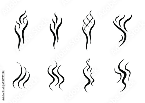Set of smoke, aroma, smells icons. Symbols, logos cooking steam odour, fume of flame, stink, vapor in minimal style. Signs of glasses of hot drinks. Hand drawn vector illustration.