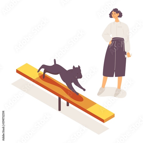 Young woman watching her dog training on teeter-totter agility equipment. Vector characters isolated on white