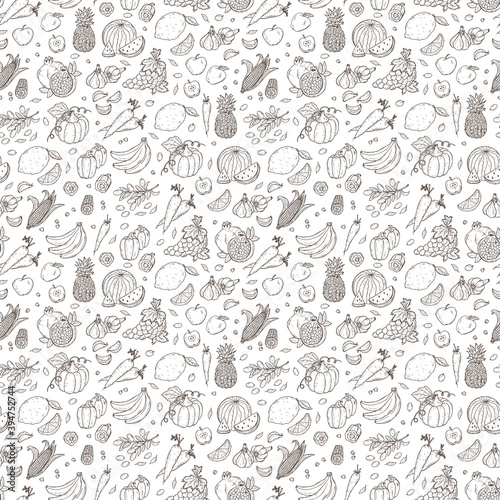 Food background. Vegetables and fruits seamless pattern. Hand drawn doodle Fresh Fruit and Vegetable. Vector illustration.