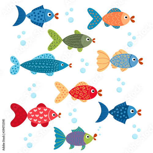 The collection with color cute fishes is isolated on white background.