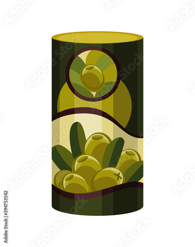 Olive. Vector green metal jar. Canned green olives. Steel can container natural organic liquid with label olives