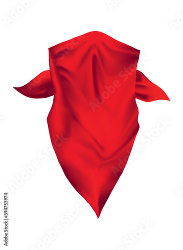 Red realistic bandana on neck. Youth fashion neck scarf or cowboy garment element template. Biker face scarf, bandanna neck shawl. Blank handkerchief unisex uniform. Western clothes
