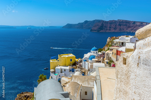 A view along the edge of the village of Oia, Santorini in summertime