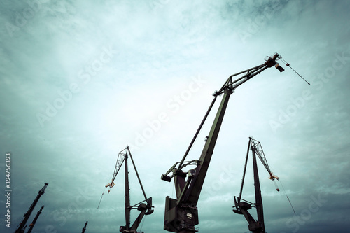 Obraz na plátne Silhouettes of industrial cranes in Gdansk  shipyard