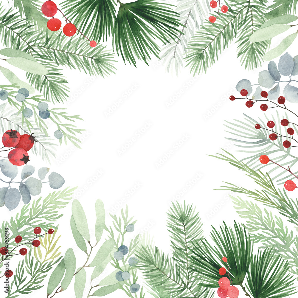 Christmas watercolor frame with winter branches, leaves and berries, illustration isolated on white background in vintage style. Holiday frame for invitation or greeting cards. Christmas watercolor frame with winter branches, leaves and berries, illustration isolated on white background in vintage style. Holiday frame for invitation or greeting cards.