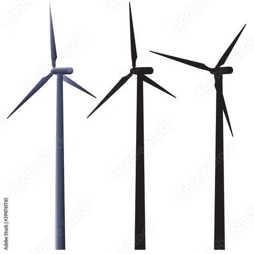 Set silhouette of wind power turbine. Green energy. Windfarm vector illustration