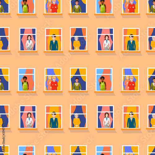 Different people in windows staying home, bright flat seamless pattern