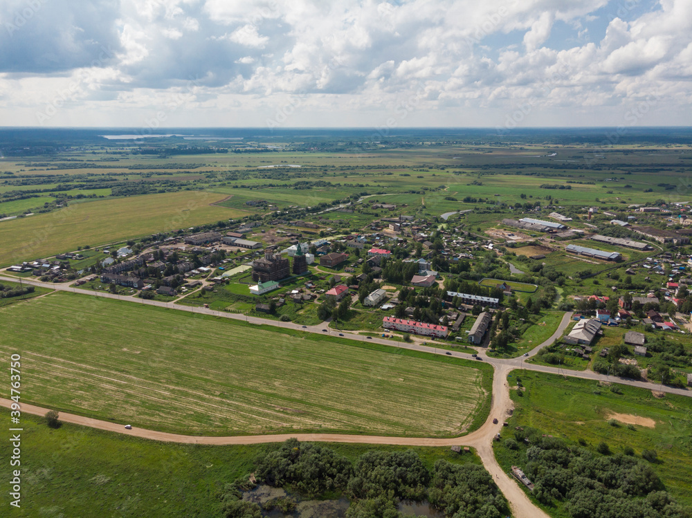 Panoramic view of the village of Kholmogory. Russia, Arkhangelsk region, Kholmogorsky district