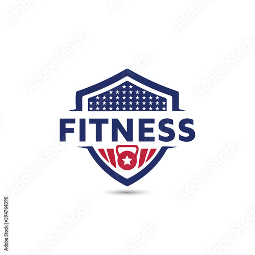 American fitness vector logo design, dumbbell icon with star, symbol vector illustration design template