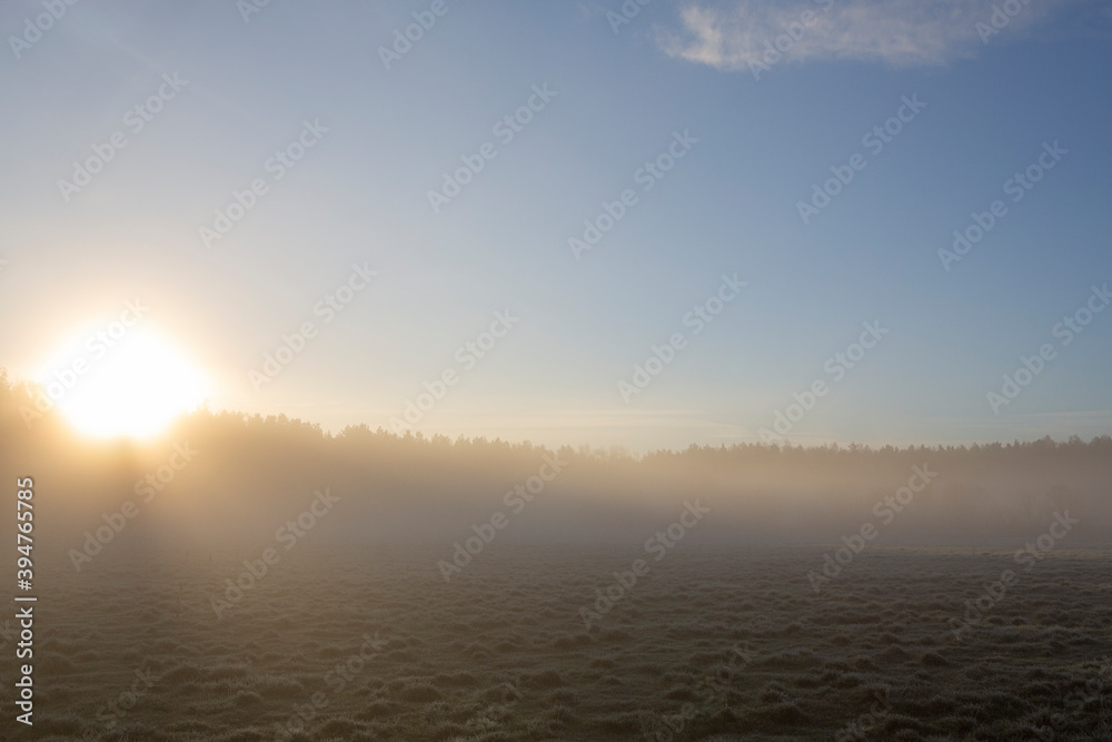 Beautiful morning on a foggy field during sunrise. Countryside wallpaper on cold autumn day.