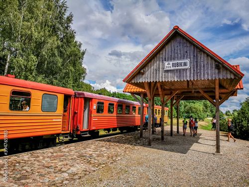 Narrow gauge railway train and station in Rubikiai, Anyksciai district