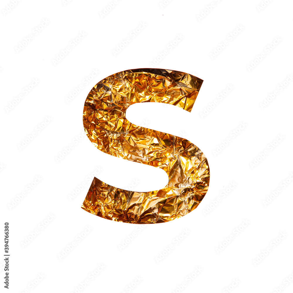 Gold letter S of English alphabet of shiny crumpled foil and paper cut isolated on white. Festive golden typeface