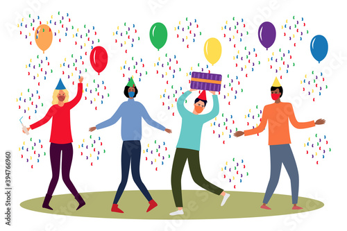 Happy birthday banner of happy man with friends in masks on a festive background with balloons and candy. Cartoon flat vector. A guy with a gift in his hands dances with the guys in stylish seasonal 