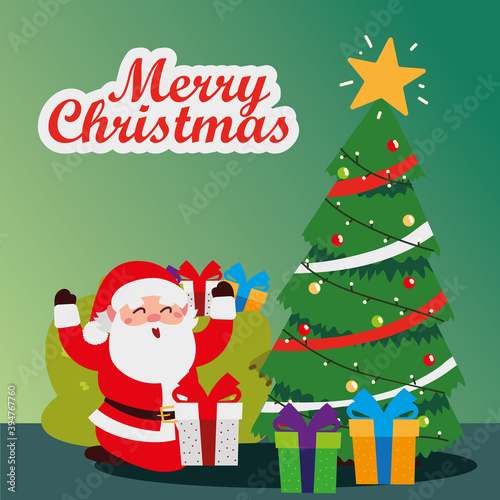 merry christmas  santa claus with tree and gift boxes greeting card celebration