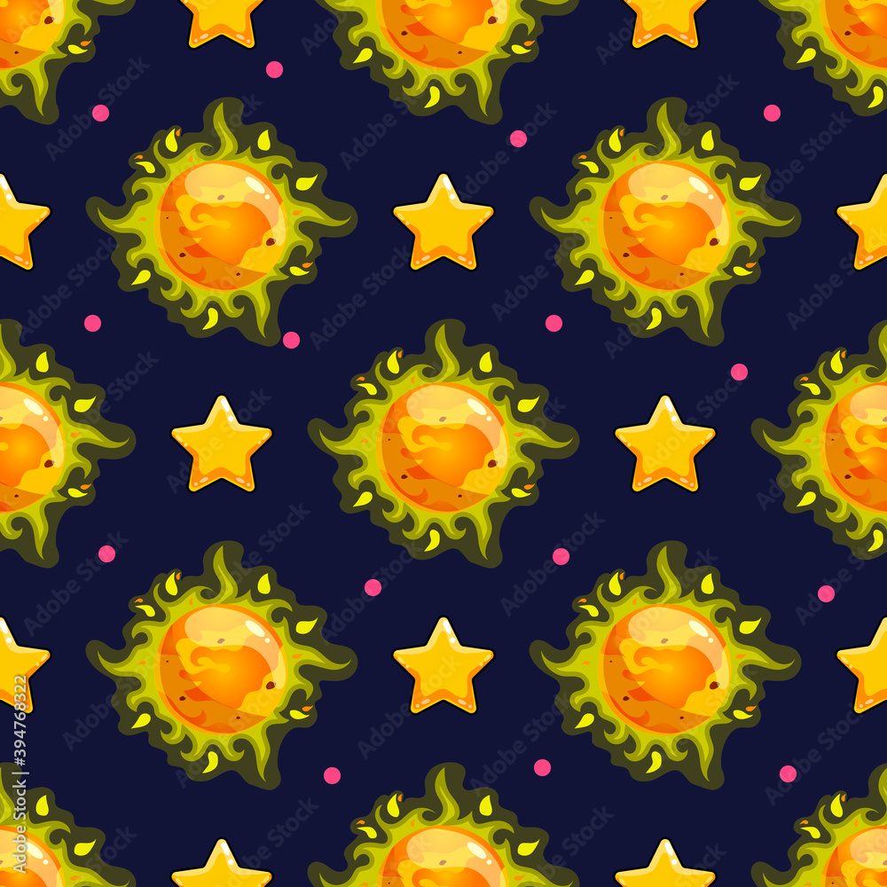 Seamless pattern with cartoon vector planet and stars Seamless pattern with cartoon vector planet and stars