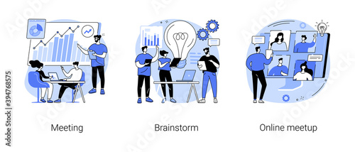 Team communication abstract concept vector illustration set. Meeting and brainstorm, online meetup, corporate presentation, creative ideas and solutions, teamwork, conference call abstract metaphor.