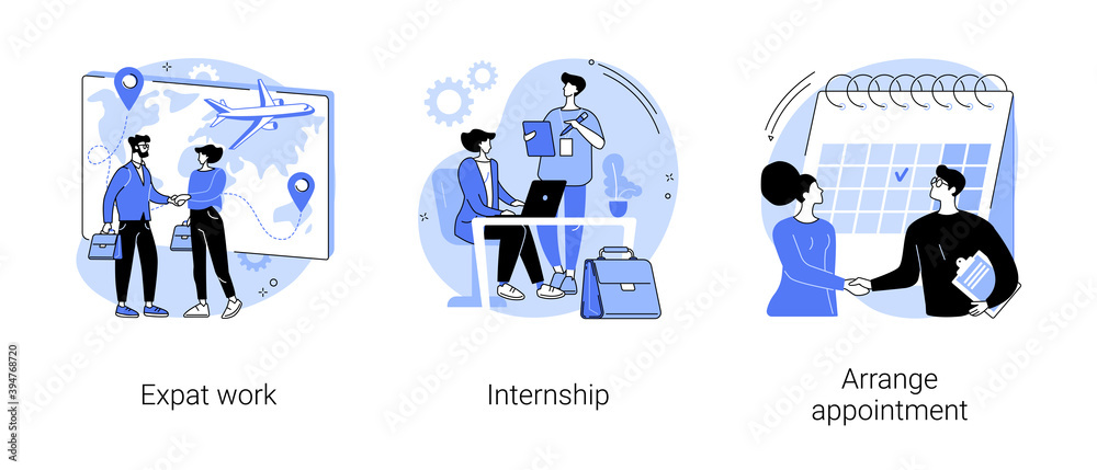 Fototapeta premium International employment abstract concept vector illustration set. Expat work, internship, arrange appointment, apply for job, professional growth, working place, student training abstract metaphor.