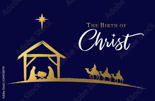 The birth of Christ, Nativity scene of baby Jesus in the manger. Holy family, three wise kings and star of Bethlehem, banner design. Vector Christmas golden illustration silhouette Mary and Joseph